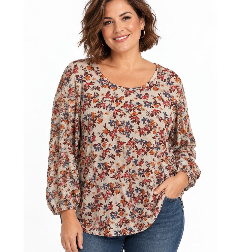 LOGO Lori Goldstein Floral Top womens Size 1X Knit with Eyelet Lace Sleeves